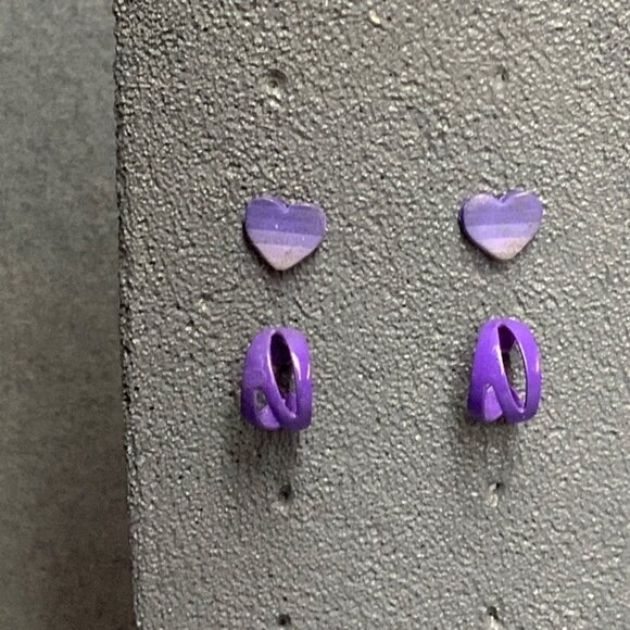 Heart Hoop Stud Earrings Set Lot Purple Ombre Striped Clay Enamel Cutaway Retro - Picture 1 of 4